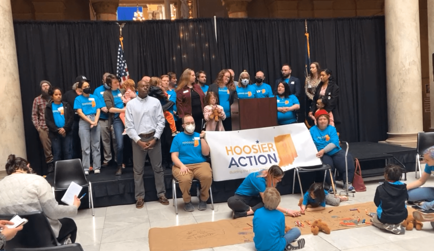 More than 50 families spoke out against legislation that would restrict charitable bail funds during a protest at the Indiana Statehouse organized by Hoosier Action.