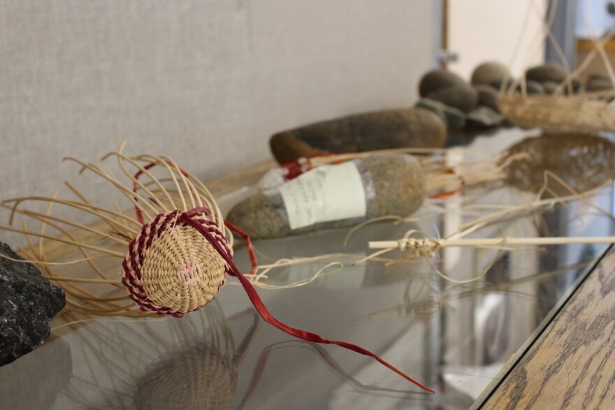 Baskets on display at the tribal office. Some tribal council members hope to use the land to teach younger members the traditional practice of basket weaving. Photo taken on Feb 3. in Big Bar, Calif.