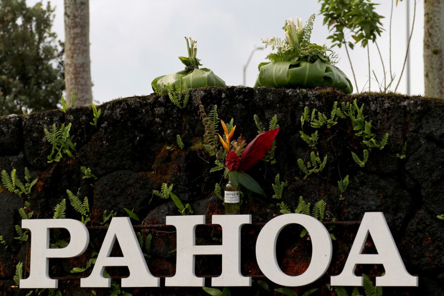 A sign welcomes people to Pāhoa, Hawaii, on May 15, 2018.
