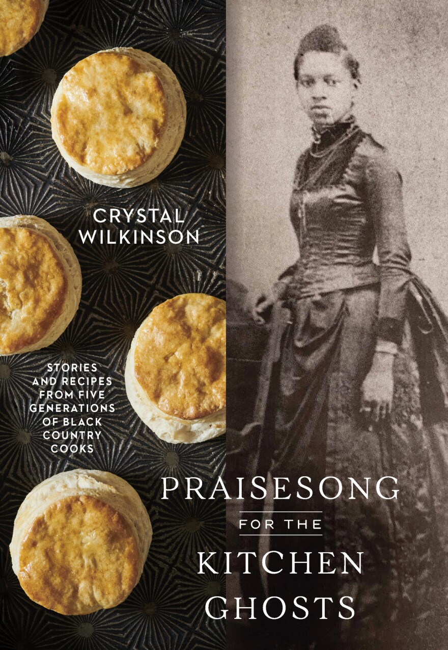 The cover for Praisesong for the Kitchen Ghosts is evenly split between a picture carefully placed homemade biscuits and a black and white picture of one of the author's  foremothers 