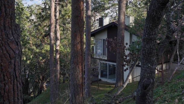 A home is seen through trees in a lightly wooded area.