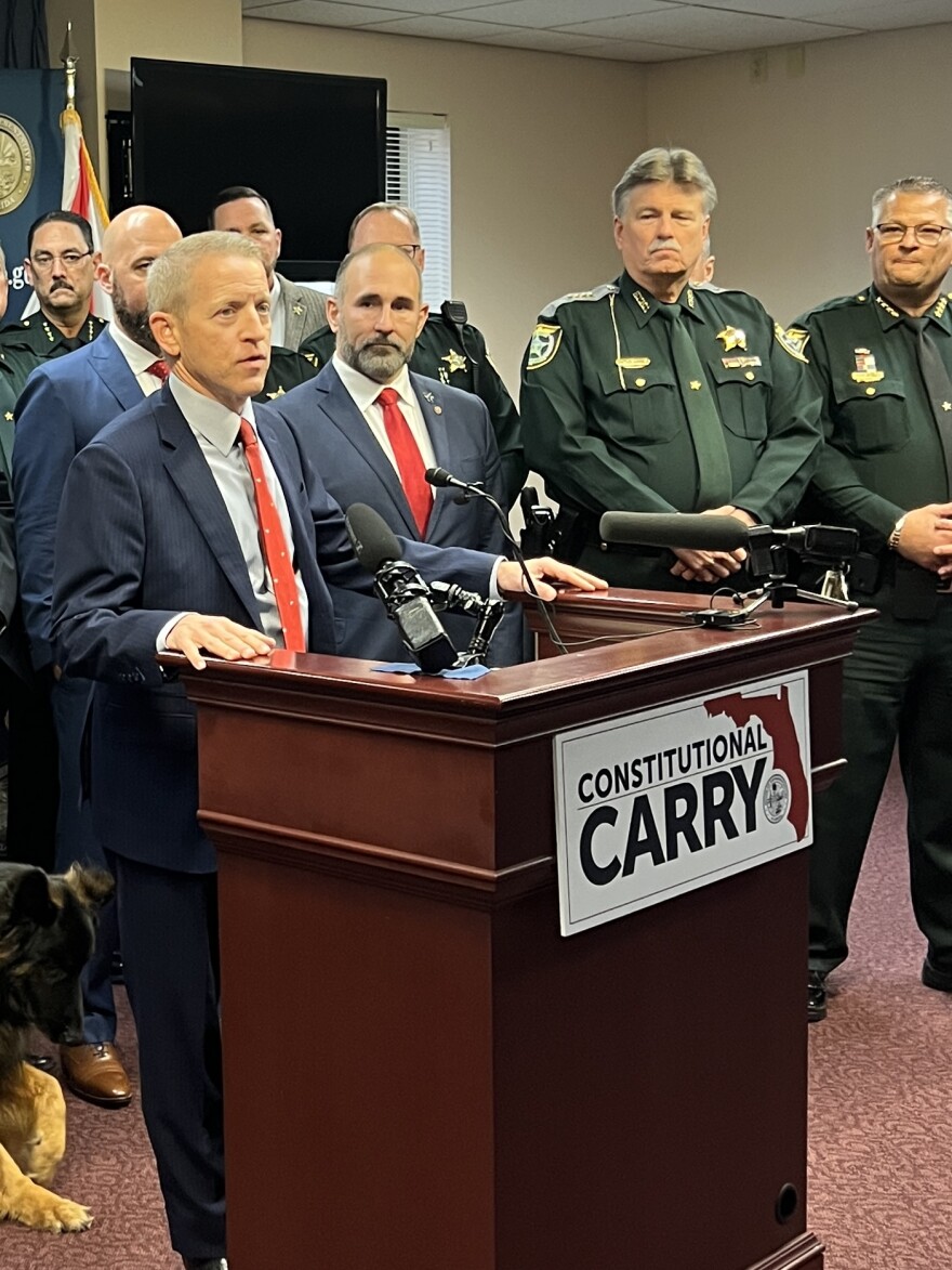 Florida House Speaker Paul Renner (R-Palm Coast) speaks at a press conference where he unveiled a bill to allow people to carry a concealed firearm without a permit in Florida, describing it as "constitutional carry," on Monday, Jan. 30, 2023.