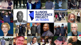 Montage of photos of people involved or helped by the Illinois Innocence Project and its logo