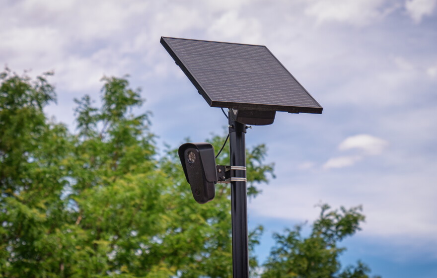 A Flock Safety automated license plate reader (ALPR) camera outside a retail store in Aurora, Colorado, on June 27, 2024.