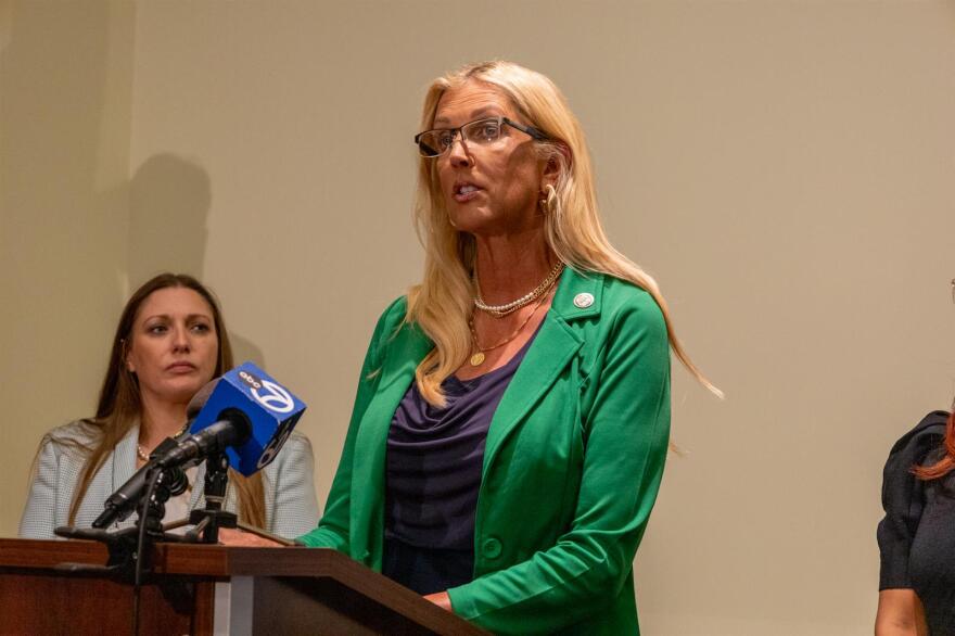 Sen. Sue Rezin, R-Morris, speaks at a news conference in Bolingbrook earlier this month to call on fellow lawmakers to pass legislation to make water rate hikes more difficult.