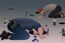 stylized illustration of a police officer and school administrator hiding their faces in holes in the ground while several girls gesture for help around them