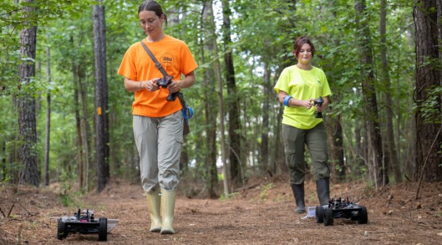 ODU students Darian Dean, M.P.H. and Willow Baker use robots to drag a cloth through the underbrush, attracting ticks for study.