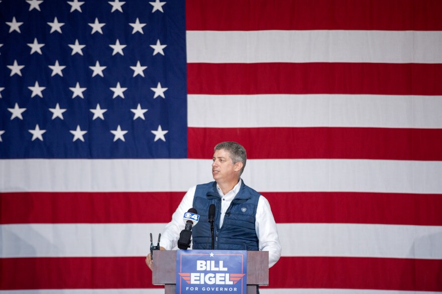 Missouri State Sen. Bill Eigel, R-Weldon Spring, announces his bid for governor on Friday, Sept. 8, 2023, at the St. Charles County Regional Airport in Portage Des Sioux, Mo. The Air Force veteran and two-term state senator joins the Republican primary alongside Secretary of State Jay Ashcroft and Lt. Gov. Mike Kehoe. A member of the legislature’s conservative caucus, Eigel has been critical of Senate GOP leadership on various issues. 