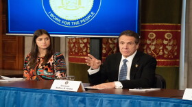 Gov. Andrew Cuomo, right, appears with his daughter Michaela on Thursday to talk about the coronavirus outbreak. Michaela Cuomo is missing the final months of her senior year of college because of the crisis. 