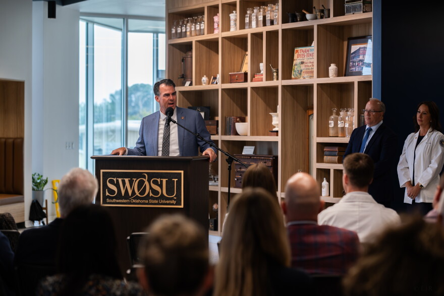 Gov. Kevin Stitt updates an audience on the progress of Oklahoma's Rural Transformation Health Program on Sept. 29, 2026, at the Jerry and Margaret Hodge Center for Pharmacy and Rural Health at Southwestern Oklahoma University.
