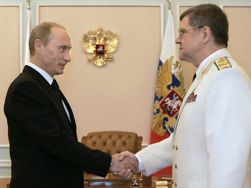 Russian prosecutor-general Yuri Chaika, shown here with President Vladimir Putin in 2007, is skewered in the latest Pussy Riot video.