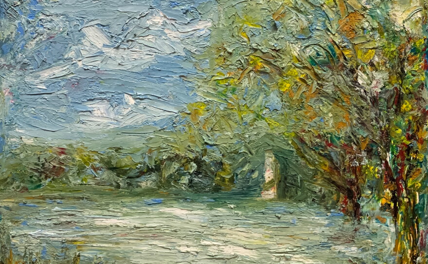 Visual artist Angela Weddle is more experienced drawing visual art much like this and is new to taking on the challenge of creating 3-D artwork. This visual art is “Woodlawn Lake, Early Autumn,” Sennelier Oil Sticks and Cold Wax Painting on Wood Panel, 10x10 inches, 2020.