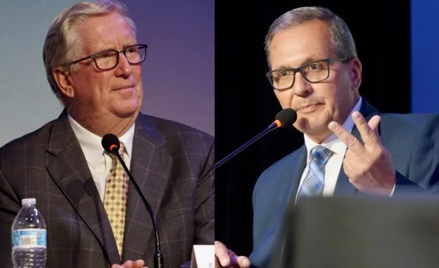 Republican incumbent Ken Hopkins, left, and Democratic challenger Robert Ferri debated the issues in Cranston.