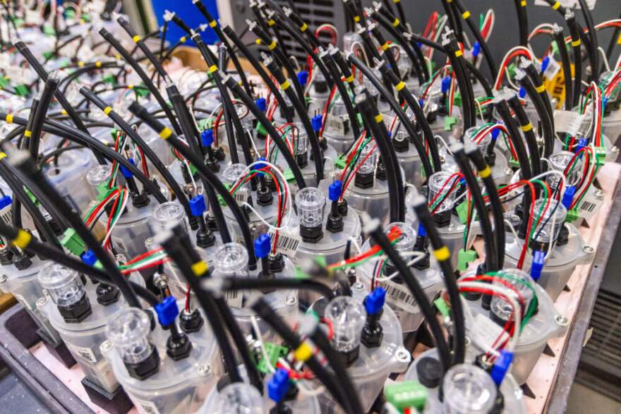 Form Energy subscale batteries waiting to go through testing at their facility in Somerville.