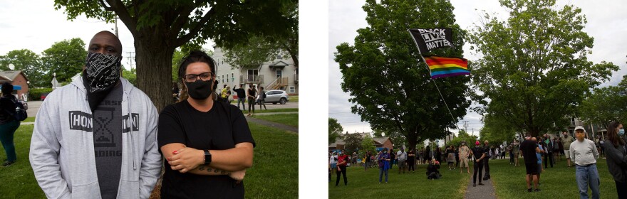 Two images, one of a couple, the other of a person waving a flag.