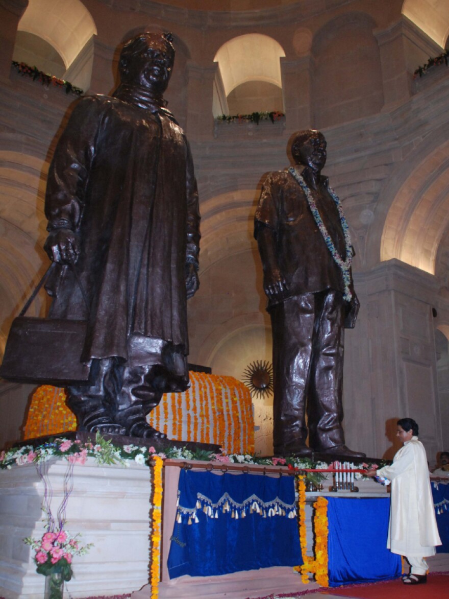 <p>Mayawati, chief minister of the northern Indian state of Uttar Pradesh, gestures as she prepares to open the newly built Dalit memorial on the outskirts of New Delhi on Oct. 14. </p>