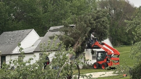 A worker uses a skid loader to remove a large diameter tree from a home in Moville, Iowa, on May 18, 2026, following heavy area storms. (Bret Hayworth, Siouxland Public Media News)