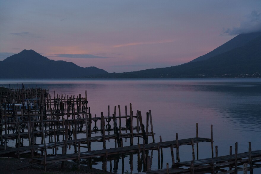 View of Lake Atitlán at dawn as seen from Panajachel, Sololá, Guatemala.