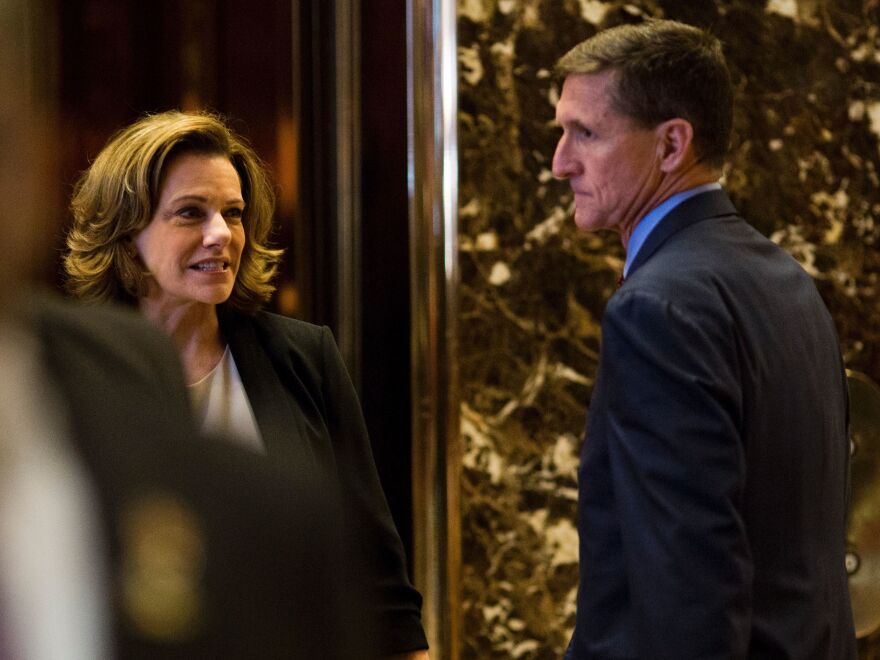 Former deputy national security adviser K.T. McFarland and former national security adviser Michael Flynn at Trump Tower in December 2016.