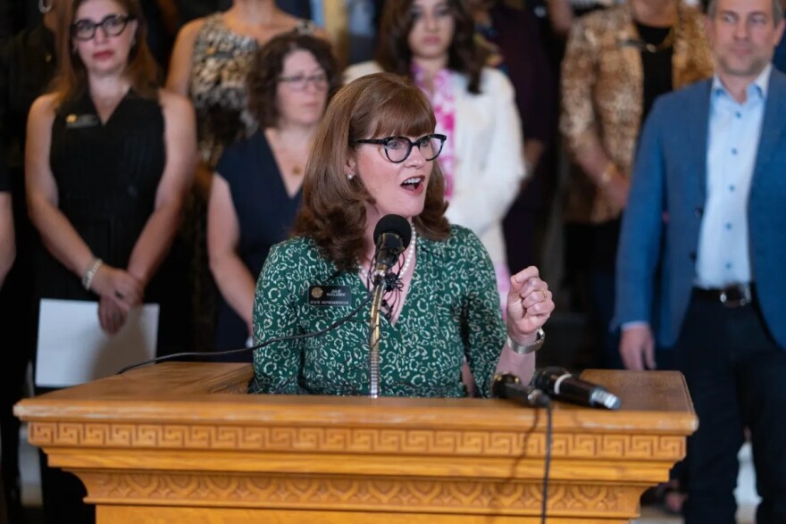 House Speaker Julie McCluskie, D-Dillon, speaks to reporters at a news conference about the 2025 special legislative session at the Colorado Capitol in Denver on Aug. 21, 2025.