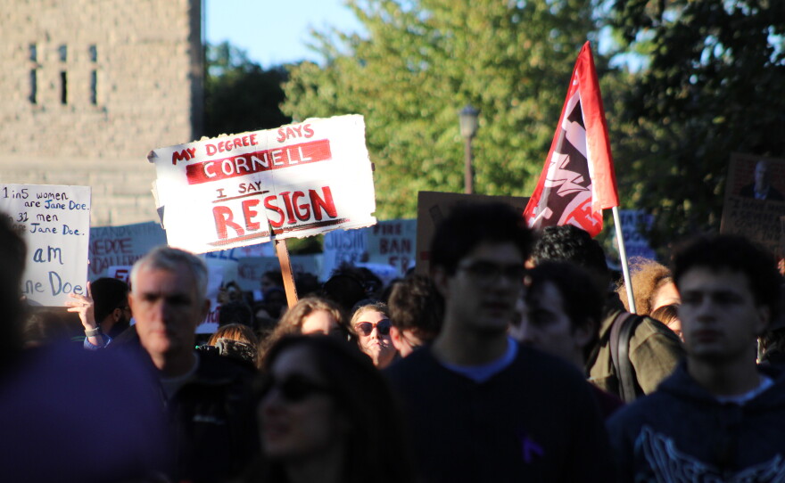 A large crowd gathered on Cornell’s campus Monday afternoon to show support for a Cornell student, known as Jane Doe, who alleges she was raped by fraternity members on campus in 2024.