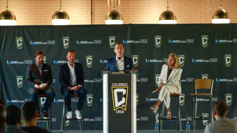  Columbus Crew executive vice president Steve Lyons speaks at the press conference revealing the name of the team's new stadium, Lower.com Field.