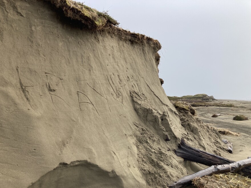 A partially eroded dune in Hooper Bay.