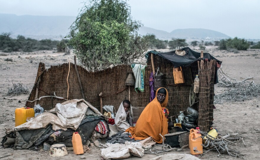 Forced to travel far beyond their traditional nomadic routes because of drought, Muumina Farah and her daughter camp by the side of the road outside the western Somaliland town of Habas.