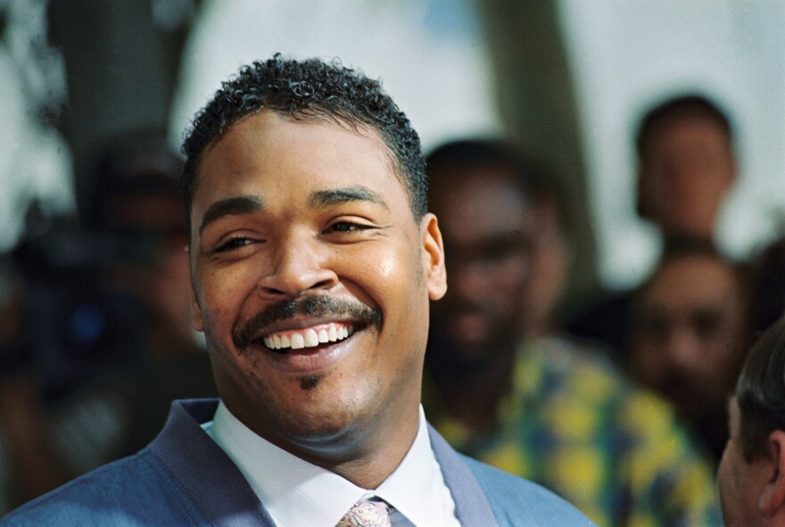 Rodney King, the Los Angeles motorist whose beating by police was captured on videotape, in Beverly Hills, speaks during a press conference, where he calls for the end of violence in the city in May 1992.