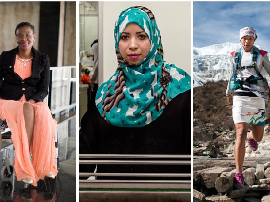 From left: Malebogo Molefhe, who uses a wheelchair because she was shot by her boyfriend, is a winner of the U.S. State Department's 2017 International Women of Courage award. Dr. Eqbal Dauqan, shown in a lab at University Kebangsaan Malaysia, won a scholarship for refugees. Mira Rai of Nepal, one of the world's top ultrarunners, was named Adventurer of the Year by National Geographic.