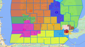 In a map of the southern half of Michigan, the new congressional maps are highlighted.  The 4th Congressional District is highlighted in purple and runs south to Benton Harbor, north towards Wyoming and from Lake Michigan to Battle Creek. 