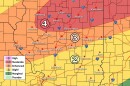 A map showing an elevated risk of severe weather in Peoria and Bloomington-Normal on Tuesday night