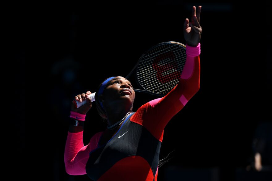 <strong>February 18, 2021:</strong> Serena Williams serves against Naomi Osaka during their women's singles semi-final match on day eleven of the Australian Open tennis tournament in Melbourne, Australia.