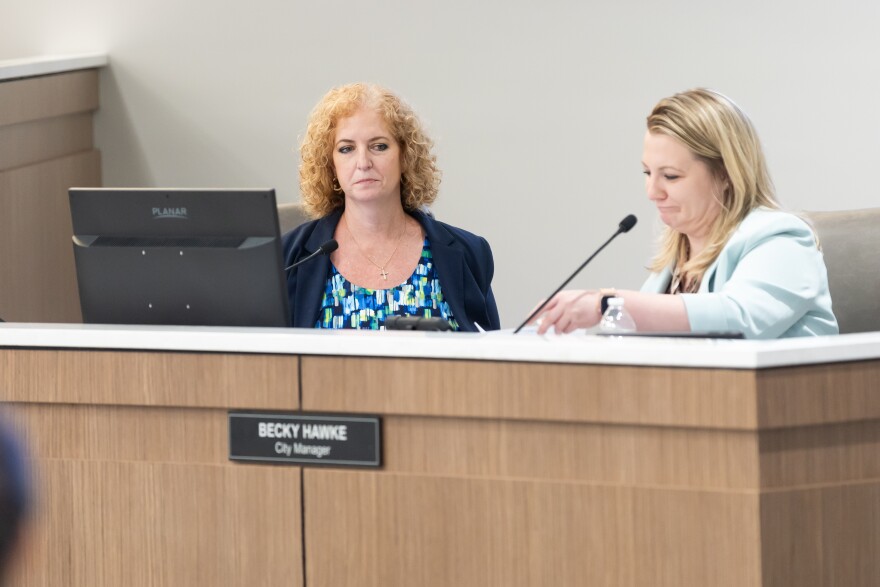City Attorney Meredith Everhart and City Manager Becky Hawke at a Wilmington City Council meeting on May 19, 2026