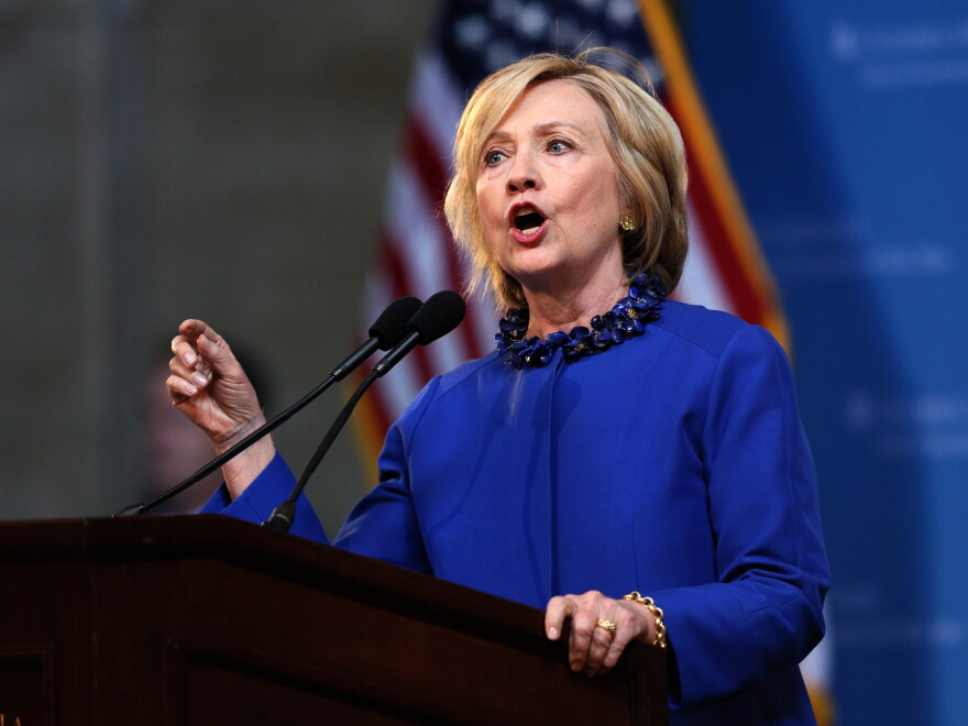 Hillary Clinton delivers the keynote address at the 18th annual David N. Dinkins Leadership and Public Policy Forum at Columbia University in New York on April 29.