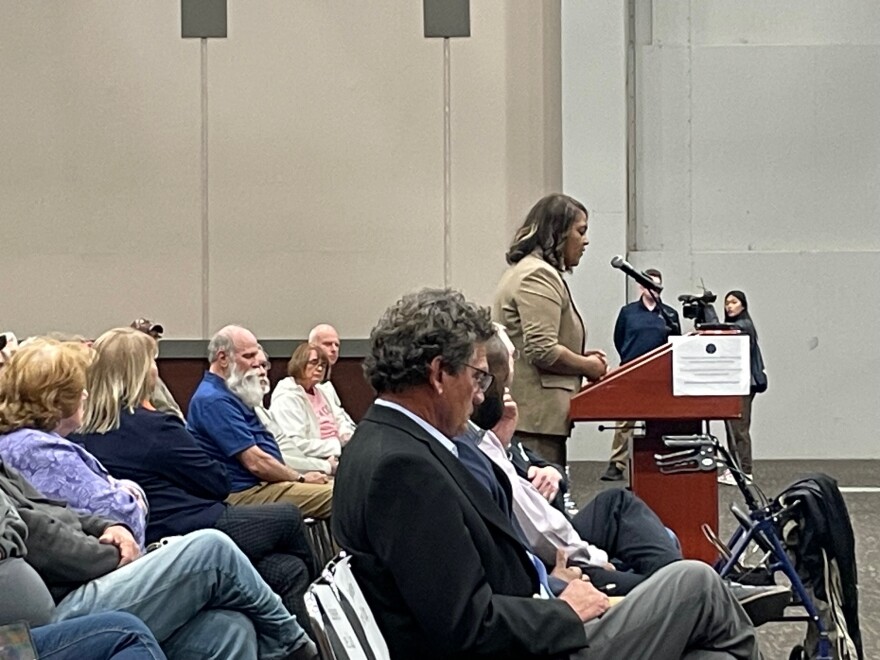 Evansville Mayor Stephanie Terry addresses members of the Indiana Utility Regulatory Commission during an affordability listening session, April 7, 2026