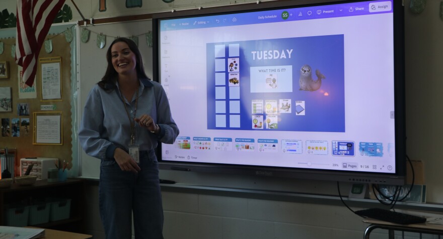 Stephanie Stephens, Marion County’s Rookie Teacher of the Year, leads instruction in her class by helping teach students life skills, including how to build schedules, on Tuesday, Feb. 10, 2026. “We do a lot of fun stuff, and I think [Hillcrest] is just different,” Stephens said. “It is enjoyable to watch, to step into a classroom and see kids get so excited about such a small, small thing … but it’s a huge victory for them.” (Amanda Roman/WUFT News)