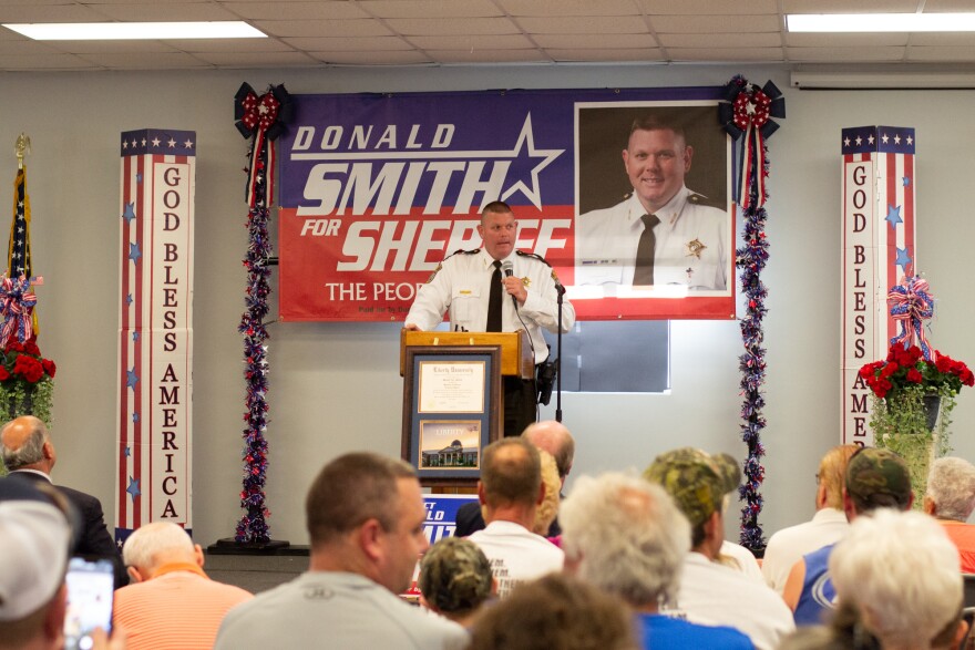 Augusta County Sheriff Donald Smith speaks to supporters at a reelection campaign event in 2023.