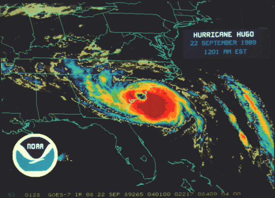 Satellite of Hurricane Hugo making landfall on September 22, 1989.