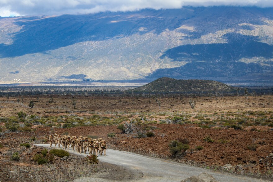 U.S. Marines Combat Team conducts a 12-km hike during a training exercise at Pōhakuloa Training Area, Hawaiʻi, Jan. 23, 2025.