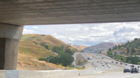 A view of the 101 Freeway from underneath the wildlife crossing in Agoura Hills.
