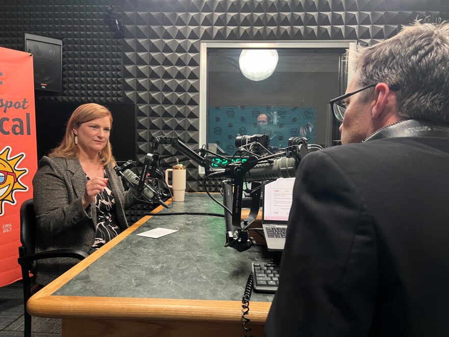 Woman with blonde hair and brown suit jacket sitting behind a microphone and speaking with a man behind a microphone and back to the camera