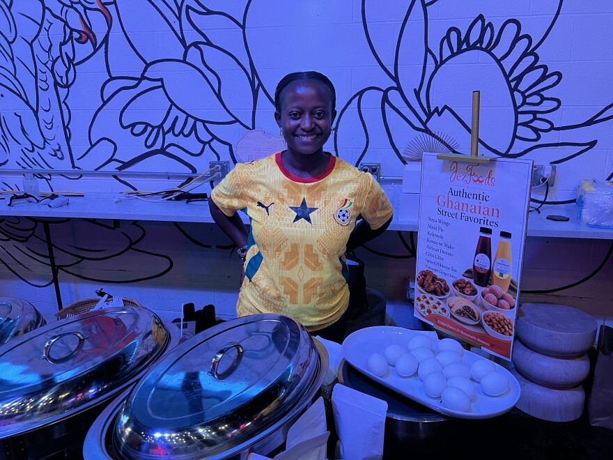Edith Gyasi, the owner of Jez Foods, catered the watch party with Ghanaian street food.