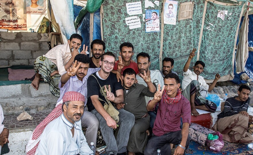 Luke Somers, second from left, with friends in Yemen. He was killed in 2014.