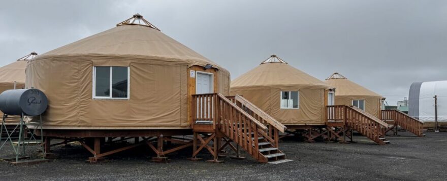 Vinyl huts serving as classrooms on the grounds of the Stebbins School.