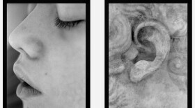 Two black and white prints are next to each other with a little space in between them. The left is of a young face in profile with eyes closed and mouth open. The right is an ear with swirl patterns superimposed over it to suggest age.
