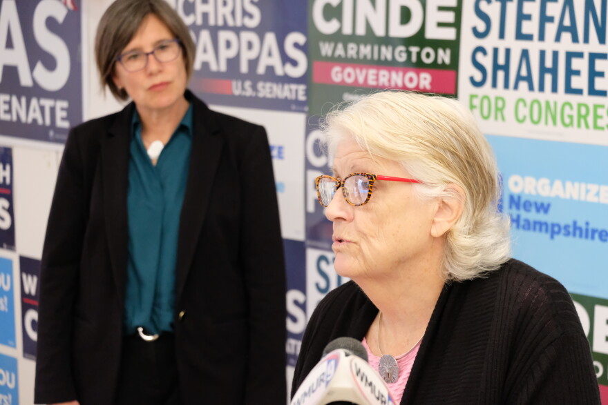 Former New Hampshire Democratic Party chair Kathy Sullivan, joined by Democratic House Leader Alexis Simpson, during a press conference in Manchester on Sept. 29, 2026.