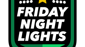 Green and black shield with a yellow star at the top and white text reading FRIDAY NIGHT LIGHTS