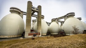 The anaerobic digesters at the Deer Island Water Treatment facility in Winthrop. (Jesse Costa/WBUR)