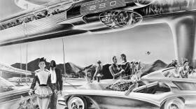 An artist's impression of the future of commuting: a futuristic monorail to transport people to and from suburbia and their waiting families.  (Evans/Three Lions/Getty Images)